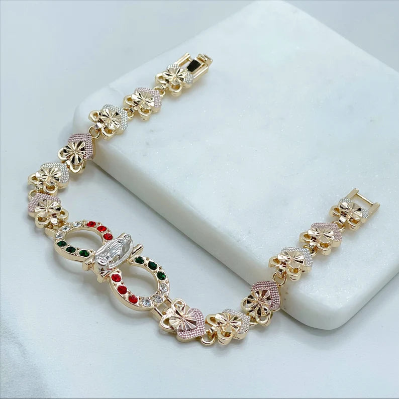 18k Gold Filled Three Tone Rose Hearts, Red, White and Green Zirconia, Guadalupe Virgin Bracelet