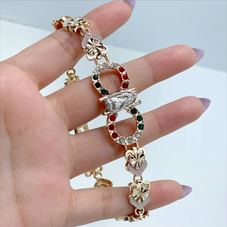 18k Gold Filled Three Tone Rose Hearts, Red, White and Green Zirconia, Guadalupe Virgin Bracelet