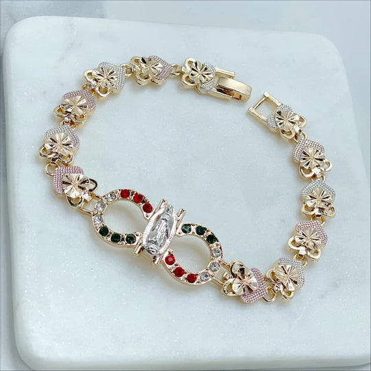 18k Gold Filled Three Tone Rose Hearts, Red, White and Green Zirconia, Guadalupe Virgin Bracelet