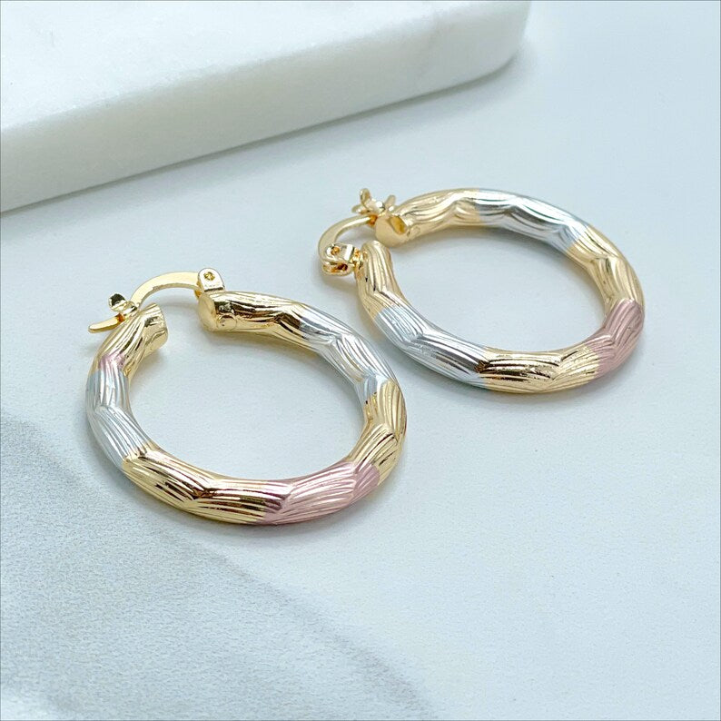18k Gold Filled Three Tone, Tree Color 30mm Textured Hoop Earrings, 4mm Thickness