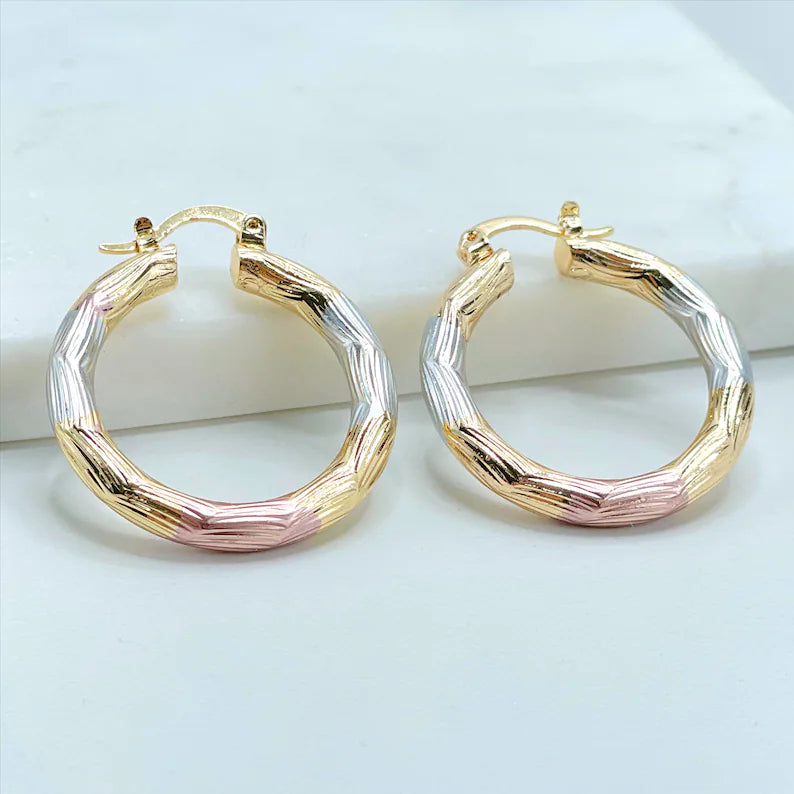 18k Gold Filled Three Tone, Tree Color 30mm Textured Hoop Earrings, 4mm Thickness