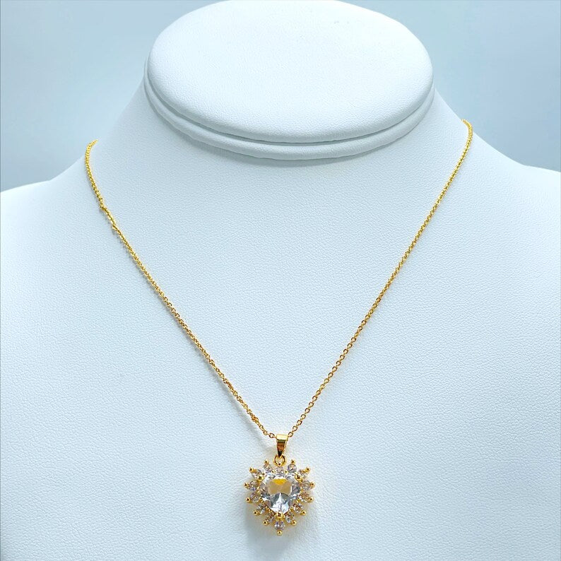 18k Gold Filled 1mm Rolo Chain with White Cubic Zirconia Necklace and Earrings Set