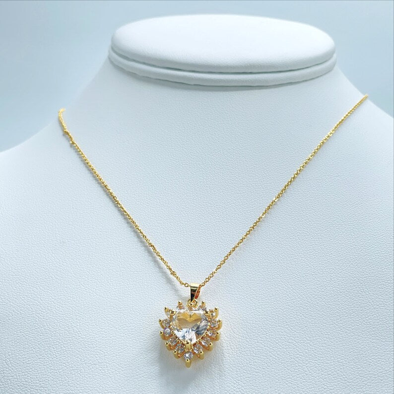 18k Gold Filled 1mm Rolo Chain with White Cubic Zirconia Necklace and Earrings Set