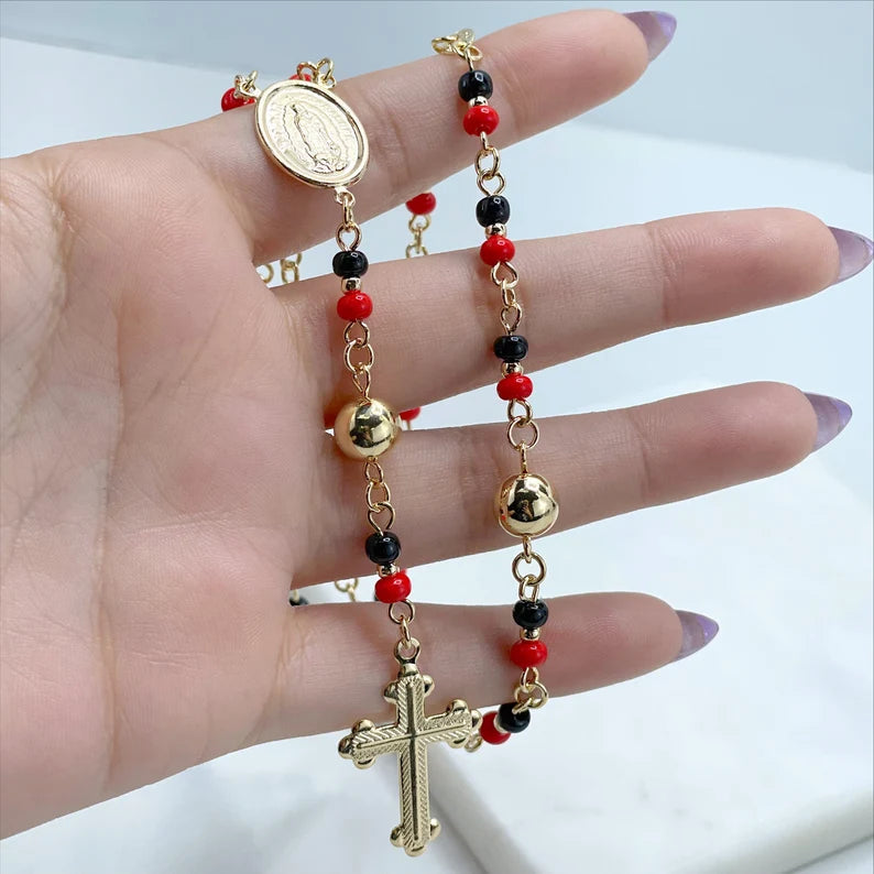 18k Gold Filled Black and Red Beads Simulated Azabache Guadalupe Virgin Beaded Rosary