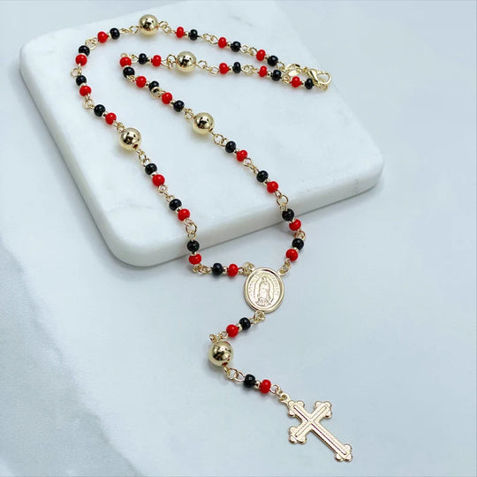 18k Gold Filled Black and Red Beads Simulated Azabache Guadalupe Virgin Beaded Rosary