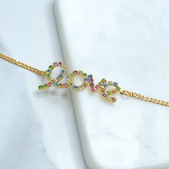 18k Gold Filled 2mm Cuban Link, Colored Micro Pave Cubic Zirconia Love Bracelet