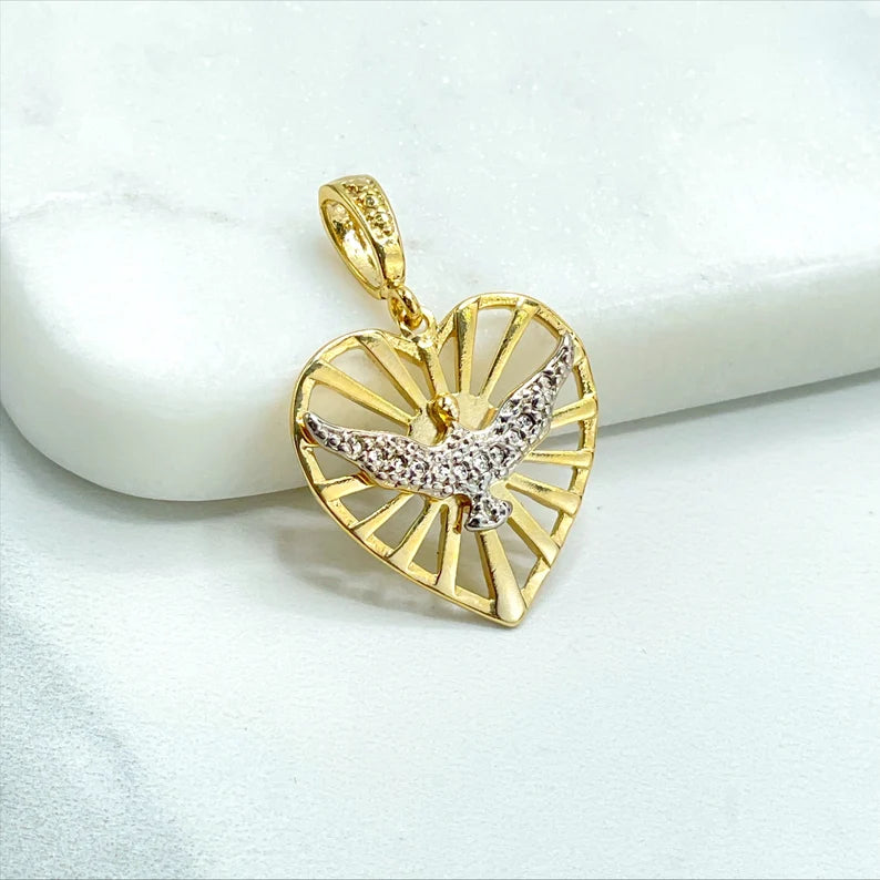 18k Gold Filled, Heart, Silver Peace Bird, Pendant Charms