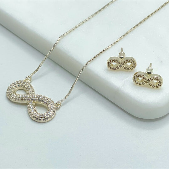 18k Gold Filled 1mm Box Chain, 25mm Infinity Sign Necklace or Earrings Set