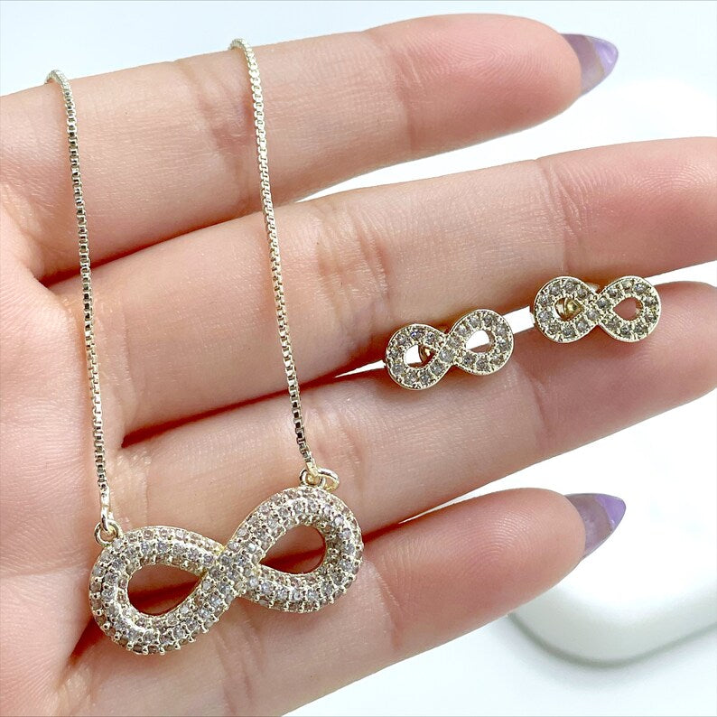 18k Gold Filled 1mm Box Chain, 25mm Infinity Sign Necklace or Earrings Set