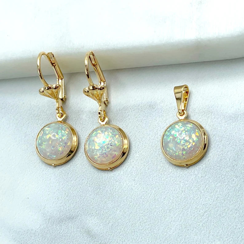 18k Gold Filled Round Cut Fire Opal Creole Drop Earrings and Pendant Set