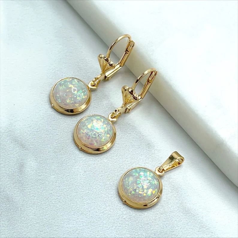 18k Gold Filled Round Cut Fire Opal Creole Drop Earrings and Pendant Set