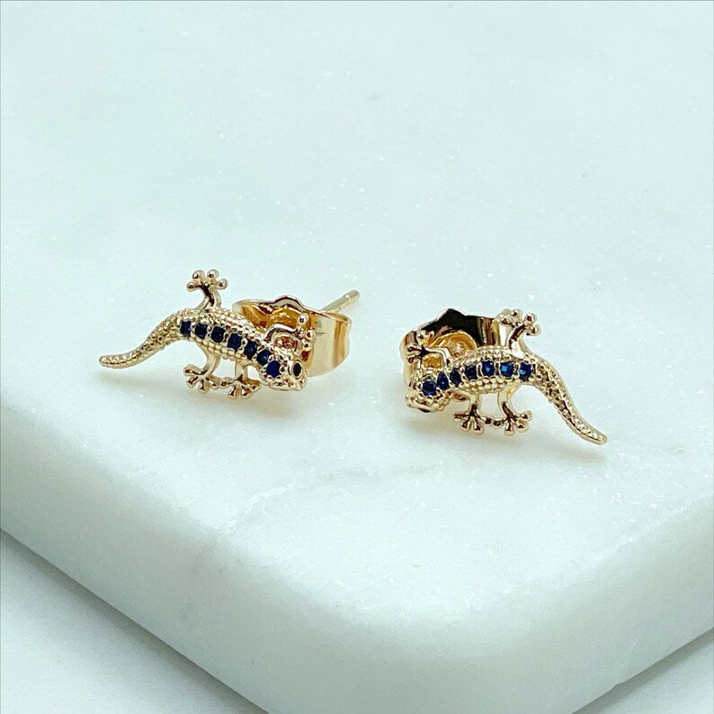 18k Gold Filled Fancy CZ Blue Cubic Zirconia Lizard Stud Earrings