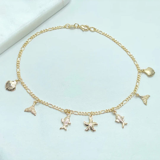 18k Gold Filled 2.4mm Figaro Link Chain, Sea Theme Charms, Starfish, Whale Tale, Fish, Shell, Anklet