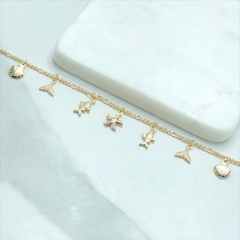 18k Gold Filled 2.4mm Figaro Link Chain, Sea Theme Charms, Starfish, Whale Tale, Fish, Shell, Anklet