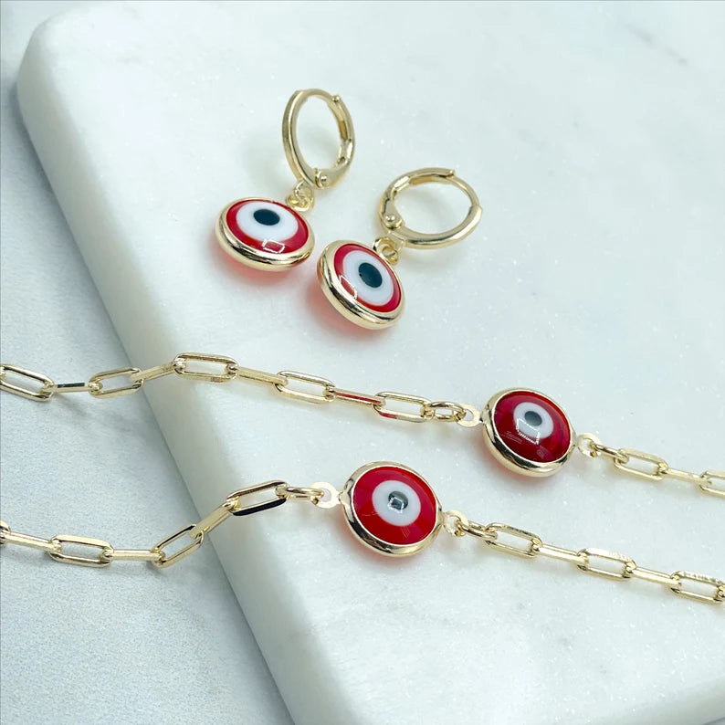 18k Gold Filled 3mm Paperclip Fancy Greek Red Eyes Bracelet, Earrings, Necklace, Set