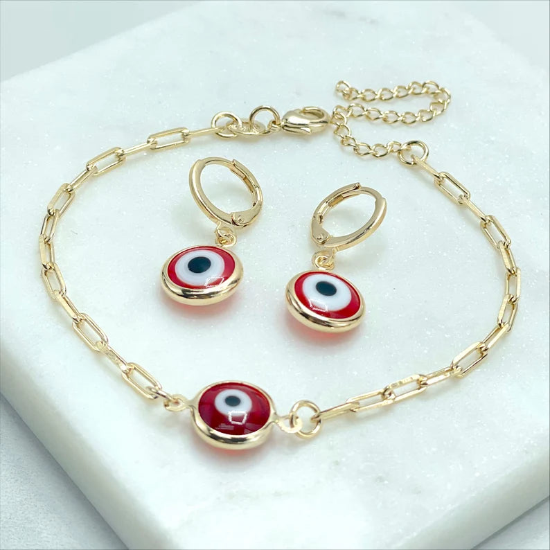 18k Gold Filled 3mm Paperclip Fancy Greek Red Eyes Bracelet, Earrings, Necklace, Set