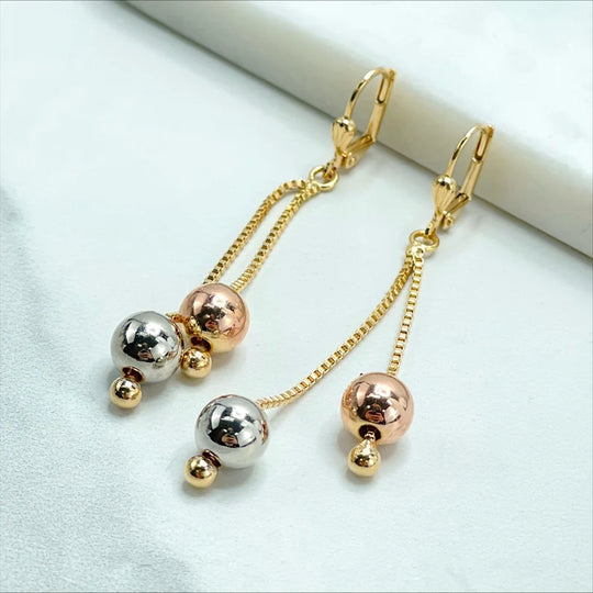 18k Gold Filled 1.2mm Box Chain Three Tone Adjustable 30 inches Necklace Two Tone Balls