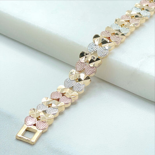 18k Gold Filled Three Tone Texturized Hearts 8 inches Bracelet