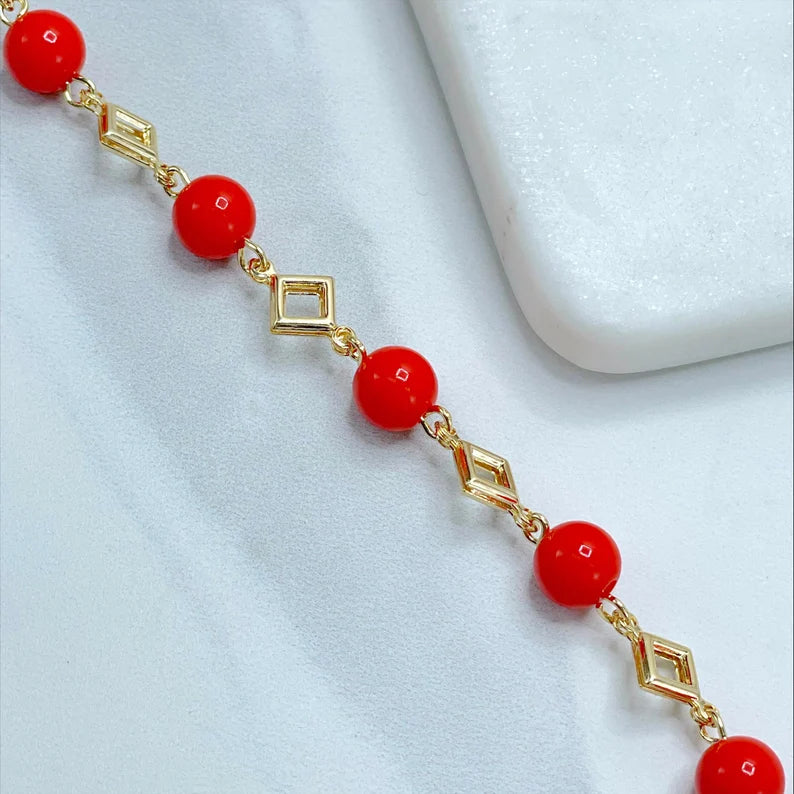 18k Gold Filled 8mm Triangle, Orange Beads Balls, Bracelet or Earrings as a Set