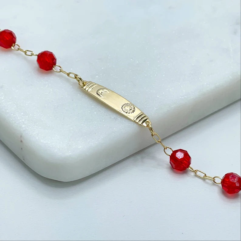 18k Gold Filled 2mm Paperclip Link ID Moon and Sun, Red Beads, Kids Bracelet