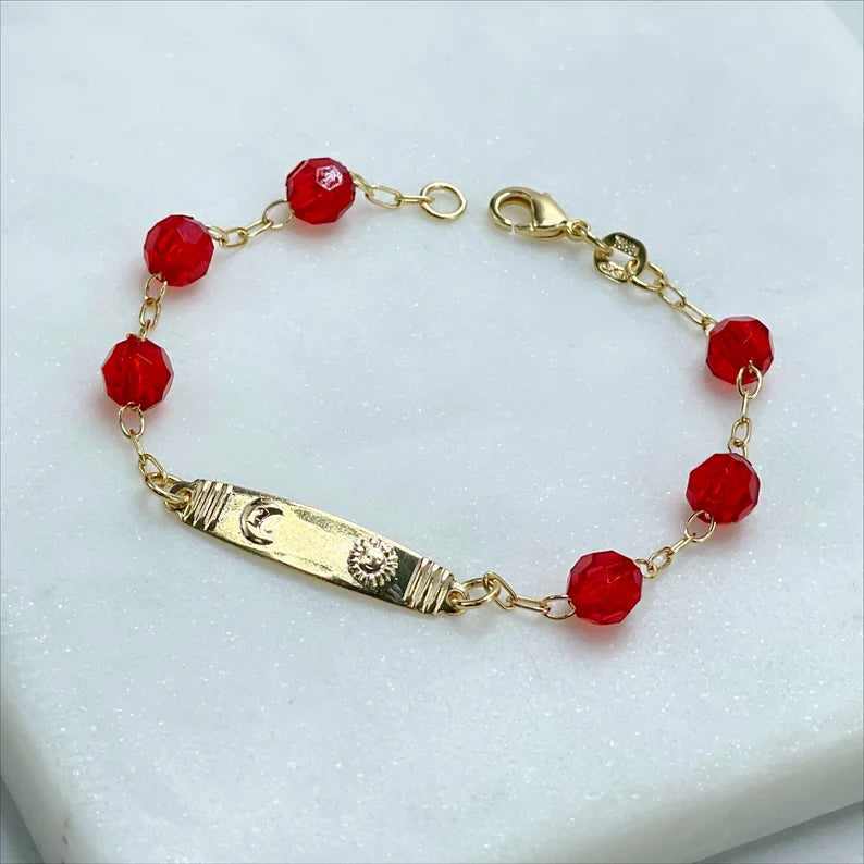 18k Gold Filled 2mm Paperclip Link ID Moon and Sun, Red Beads, Kids Bracelet
