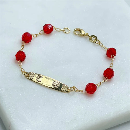 18k Gold Filled 2mm Paperclip Link ID Moon and Sun, Red Beads, Kids Bracelet