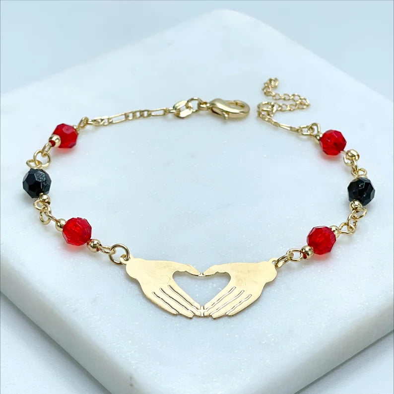 18k Gold Filled 2mm Figaro Link, Hands Heart Sign, Black and Red Beaded Bracelet