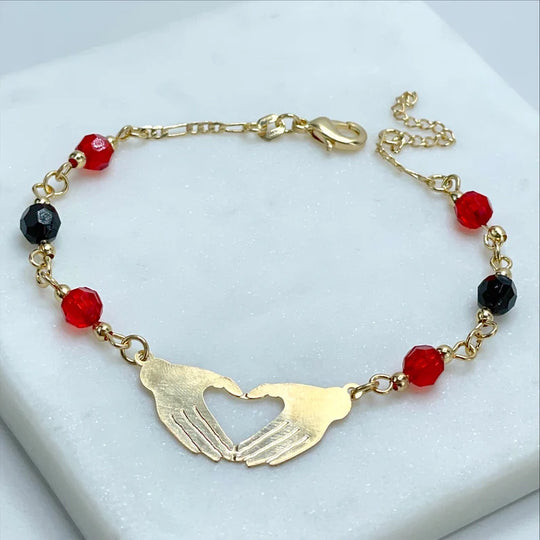 18k Gold Filled 2mm Figaro Link, Hands Heart Sign, Black and Red Beaded Bracelet