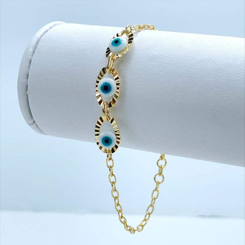 18k Gold Filled 2mm Cable Link Chain, Bracelet with Greek Eye, Blue Evil Eyes Bracelet