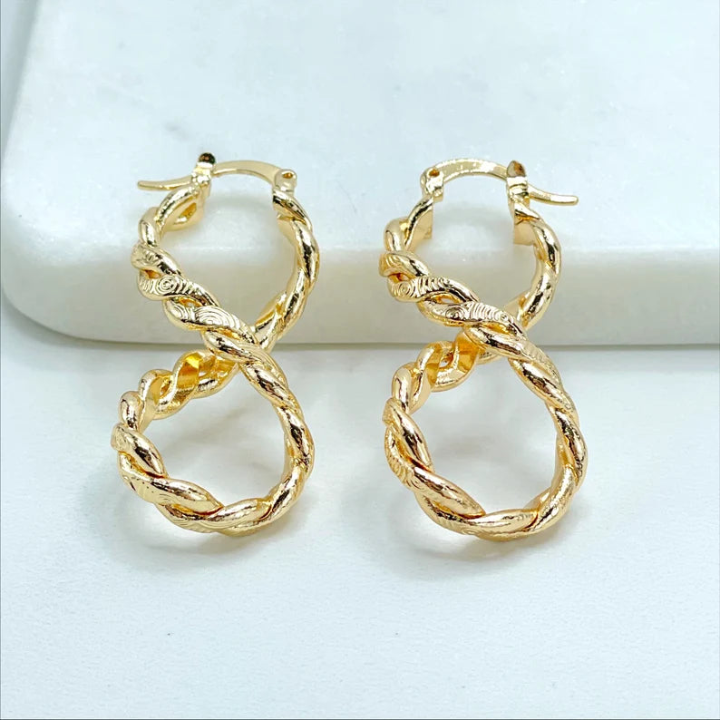 18k Gold Filled 40mm Textured Infinity Twisted Dangle Earrings, 4mm Thickness