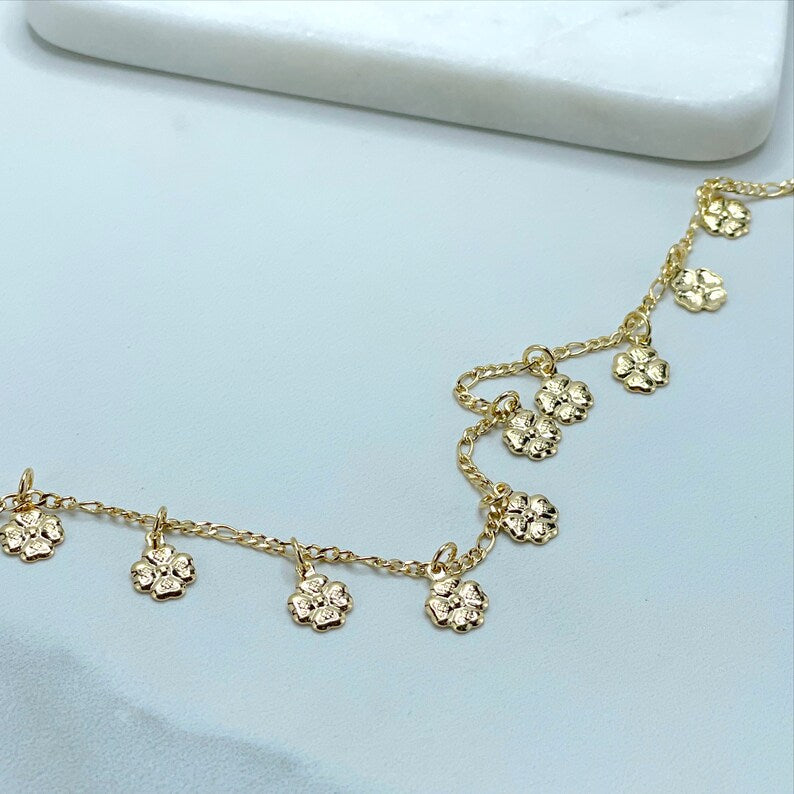 18k Gold Filled 2mm Figaro Link, Flowers Charms Anklet