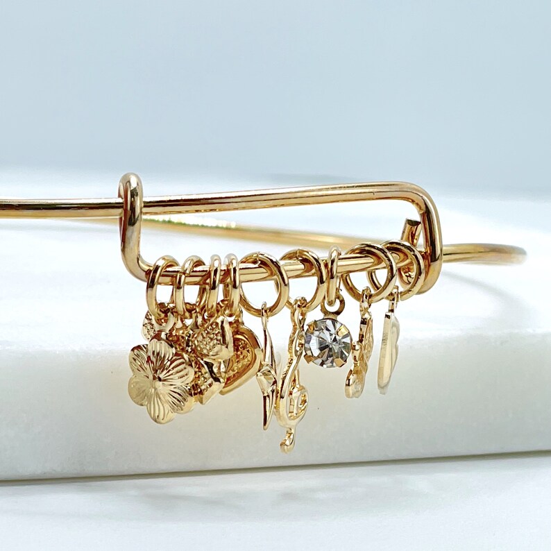 18k Gold Filled with C Zirconia, Flower, Heart, Ribbon, Music Sign, Lips, Butterfly, Star Charms, Bangle