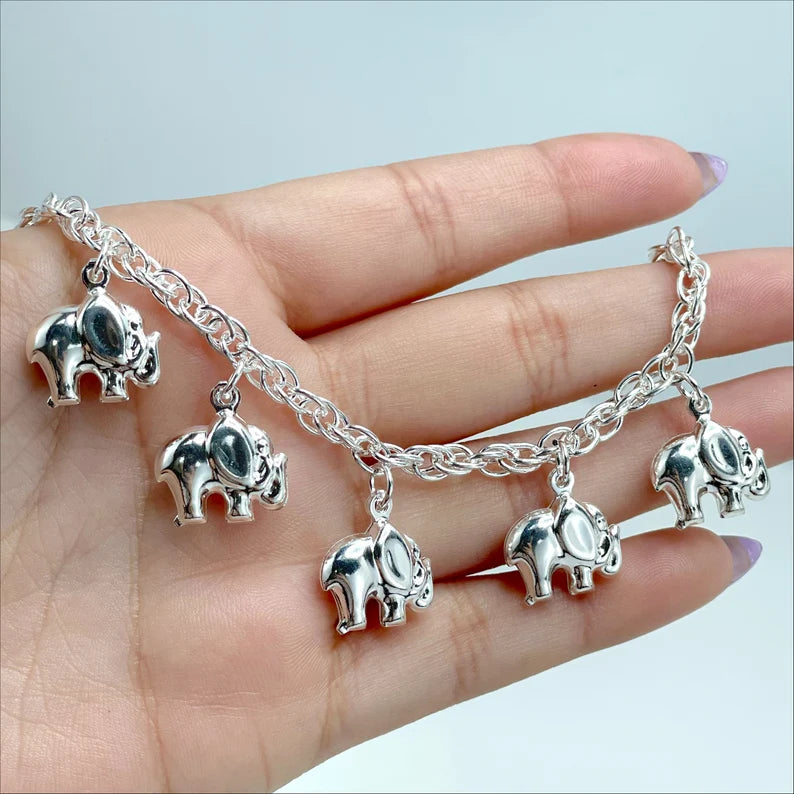 18k Silver Filled 4mm Rolo Singapore Chain with 3d Puffed Elephants Charms Bracelet, Lucky & Protection