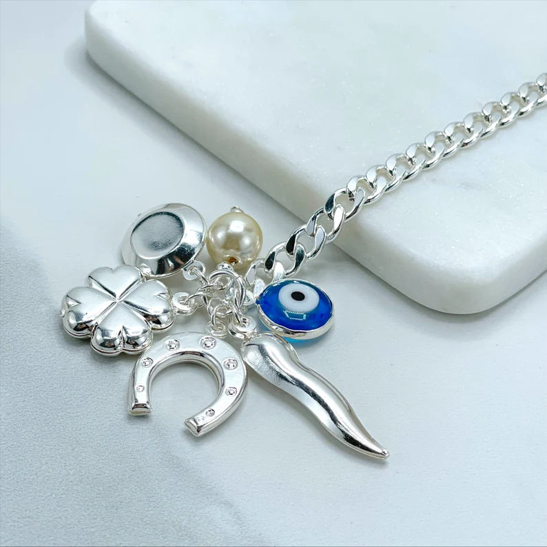 18k Silver Filled Curb Link Chain with Blue Greek Eyes, Horseshoe, Simulated Pearl, Circle and Travel Charms