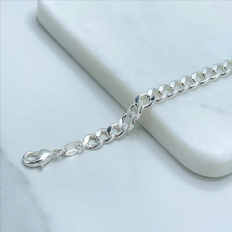 18k Silver Filled Curb Link Chain with Blue Greek Eyes, Horseshoe, Simulated Pearl, Circle and Travel Charms