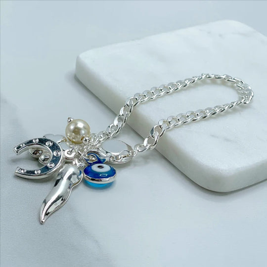 18k Silver Filled Curb Link Chain with Blue Greek Eyes, Horseshoe, Simulated Pearl, Circle and Travel Charms