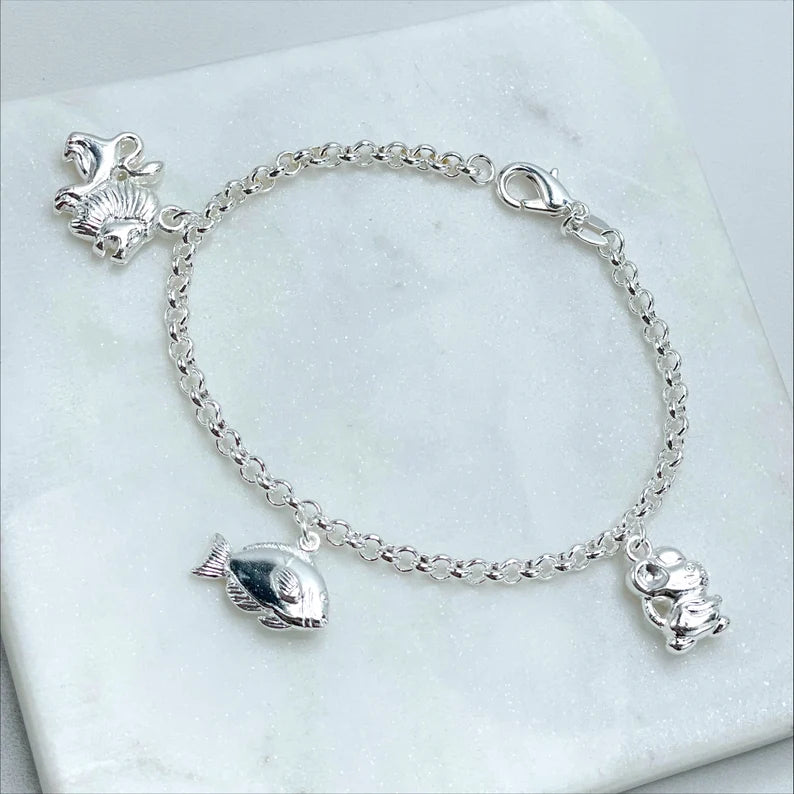 Silver Filled 3.5mm Rolo Link Chain, Leon, Fish and Mouse Charms, 7.5 inches for Kids Bracelet
