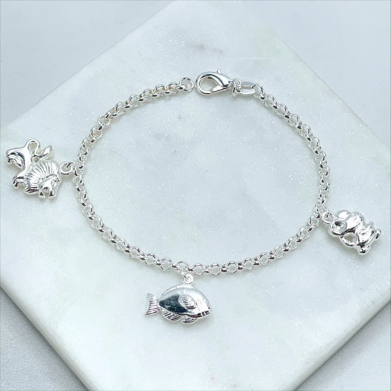 Silver Filled 3.5mm Rolo Link Chain, Leon, Fish and Mouse Charms, 7.5 inches for Kids Bracelet