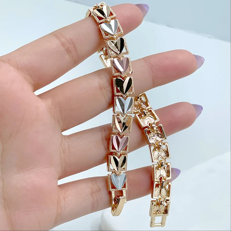 18k Gold Filled Three Tone Texturized Hearts 8 inches Bracelet