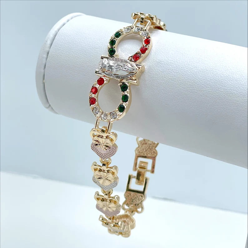 18k Gold Filled Three Tone Rose Hearts, Red, White and Green Zirconia, Guadalupe Virgin Bracelet