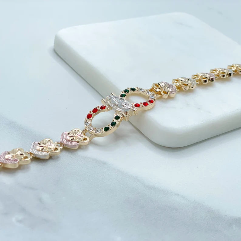 18k Gold Filled Three Tone Rose Hearts, Red, White and Green Zirconia, Guadalupe Virgin Bracelet