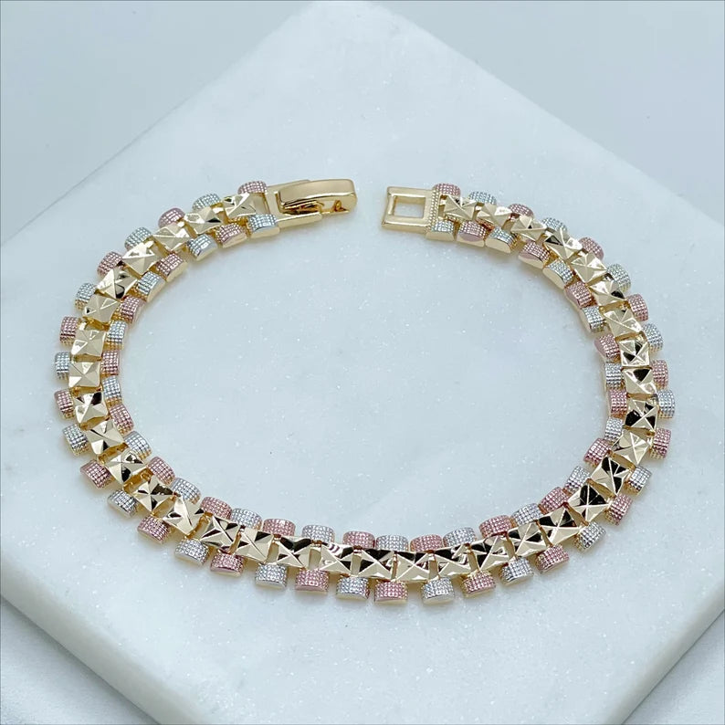18k Gold Filled Three Tone Texturized Square 8 inches Bracelet