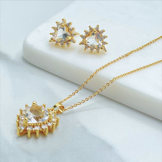 18k Gold Filled 1mm Rolo Chain with White Cubic Zirconia Necklace and Earrings Set