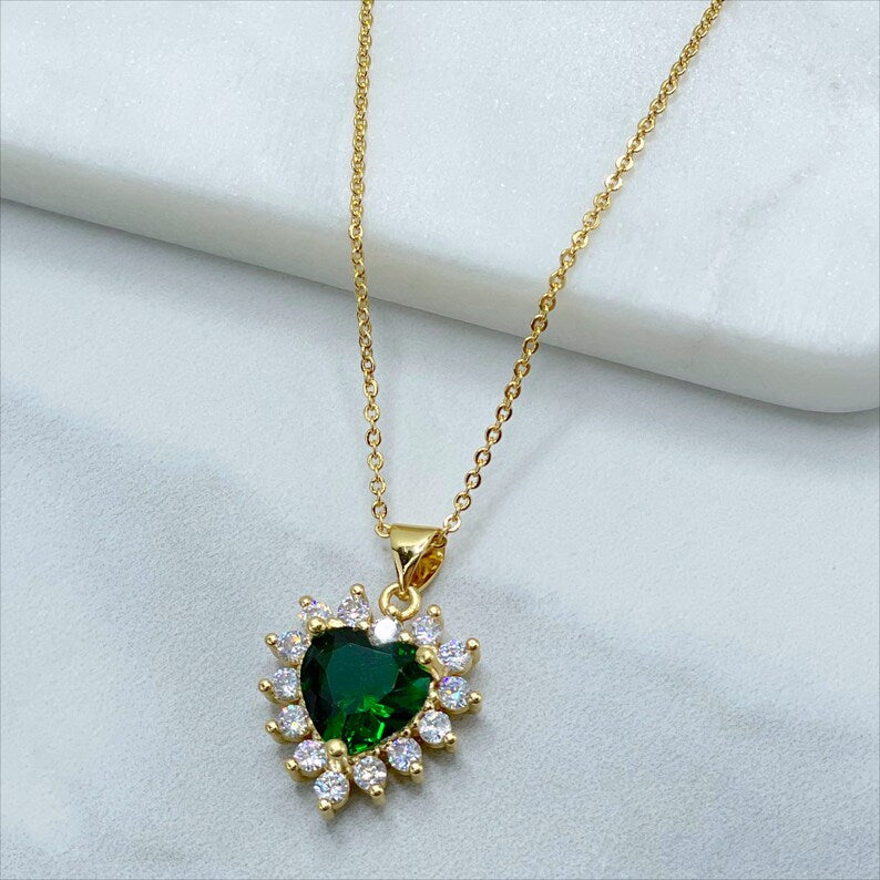 18k Gold Filled 1mm Rolo Chain with Green Heart Cubic Zirconia Necklace and Earrings Set