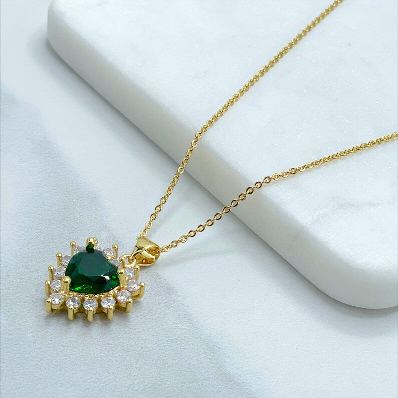 18k Gold Filled 1mm Rolo Chain with Green Heart Cubic Zirconia Necklace and Earrings Set