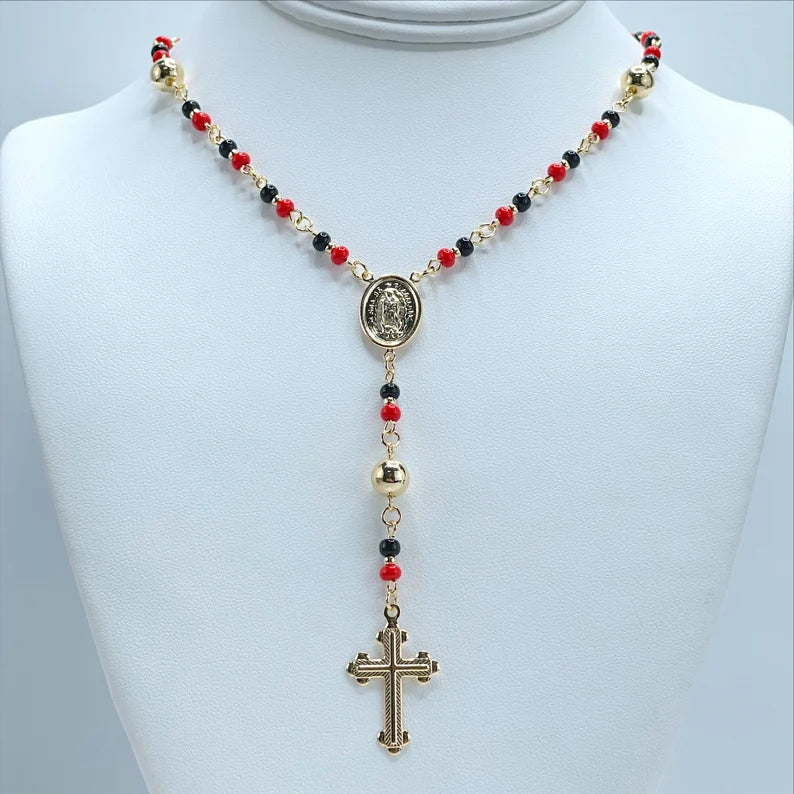 18k Gold Filled Black and Red Beads Simulated Azabache Guadalupe Virgin Beaded Rosary