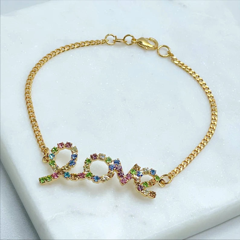18k Gold Filled 2mm Cuban Link, Colored Micro Pave Cubic Zirconia Love Bracelet