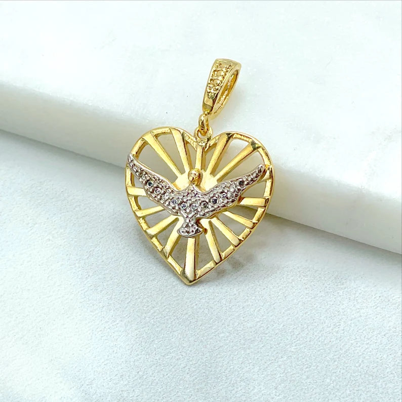18k Gold Filled, Heart, Silver Peace Bird, Pendant Charms