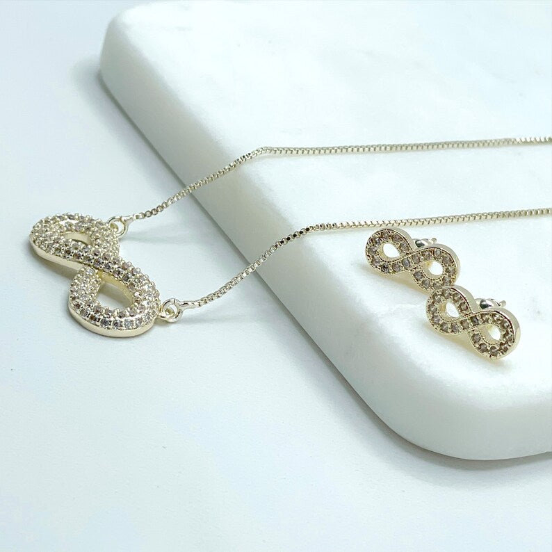 18k Gold Filled 1mm Box Chain, 25mm Infinity Sign Necklace or Earrings Set