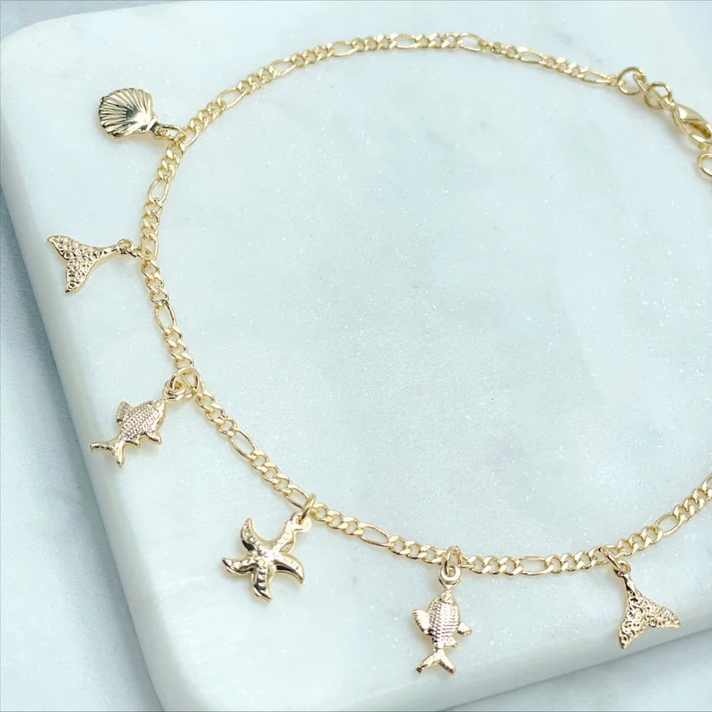 18k Gold Filled 2.4mm Figaro Link Chain, Sea Theme Charms, Starfish, Whale Tale, Fish, Shell, Anklet